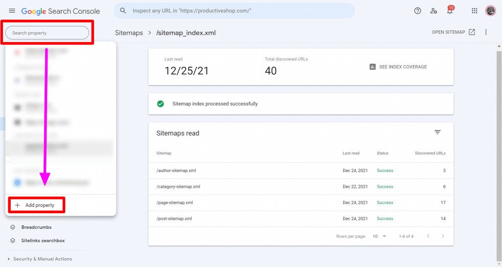 Screenshot of adding a property in GSC