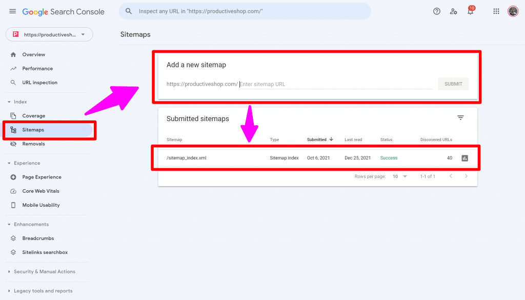 Screenshot of submitting a sitemap in GSC