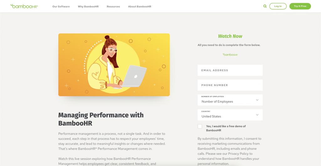 Desktop view of Bamboo HR webinar landing page