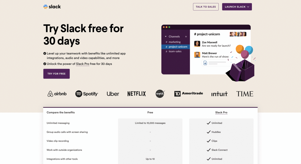 Desktop view of Slack trial landing page