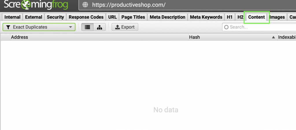 Screaming Frog Exact Duplicate content