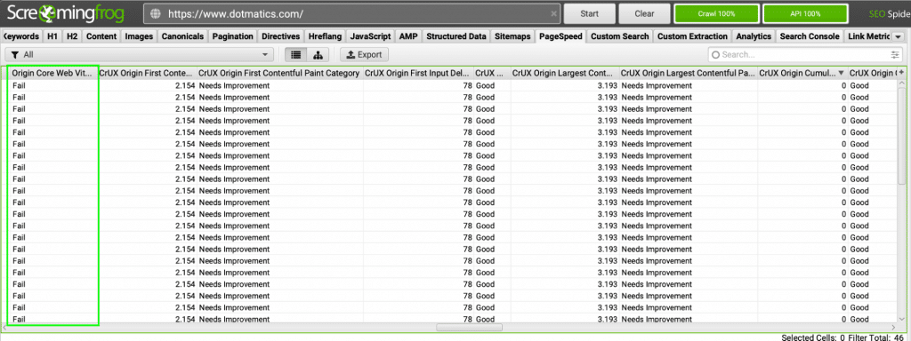 Screaming Frog Pagespeed Core Web Vitals