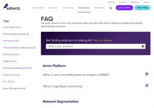 Screenshot of Armis FAQ page