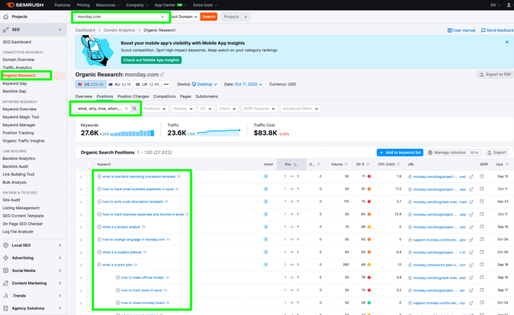 Screenshot of Semrush showing competitor FAQs