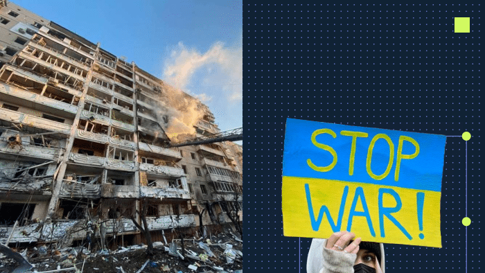 thumbnail showing destruction in Ukraine and featuring the sign "stop war"