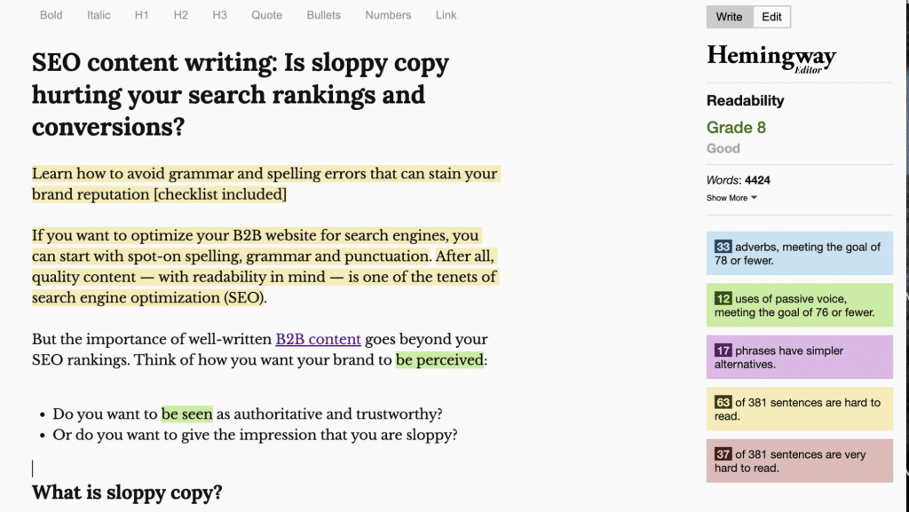 Hemingway Editor shows writing issues