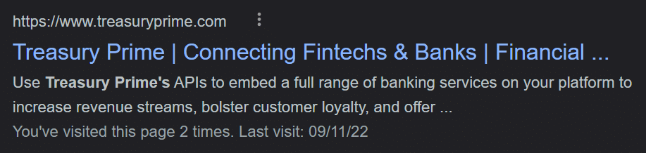 Meta description on Treasury Prime homepage