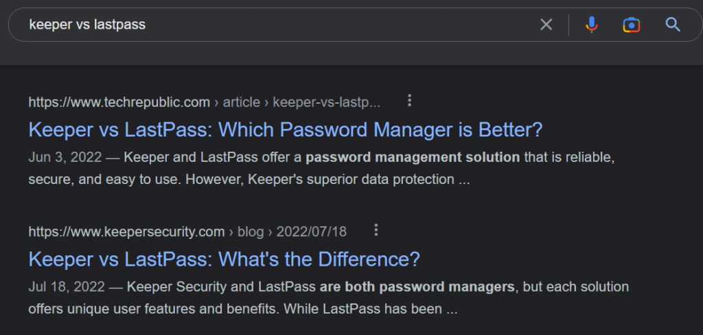 commercial search intent - searching for keeper vs lastpass