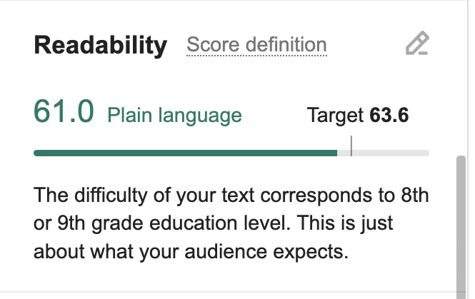 Readability Score dashboard on Semrush Google Docs plugin