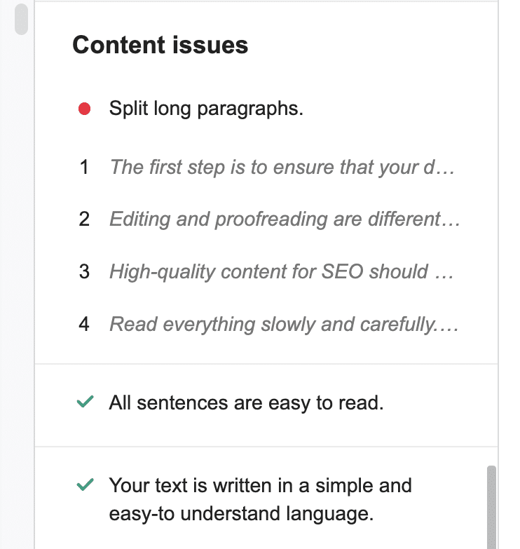 Semrush SEO writing checker is a Google Docs plugin that helps users understand how readability affects SEO by showing long paragraphs and other content issues that need to be addressed