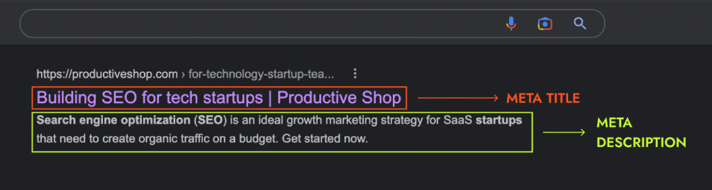 Example of meta title and meta description showing Productive Shop's page on how to build SEO for tech startups