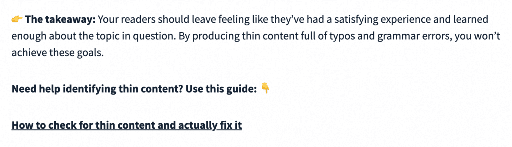 Example of CTA in the middle of a blog post encouraging readers to check out a guide on how to identify and fix thin content that affects SEO