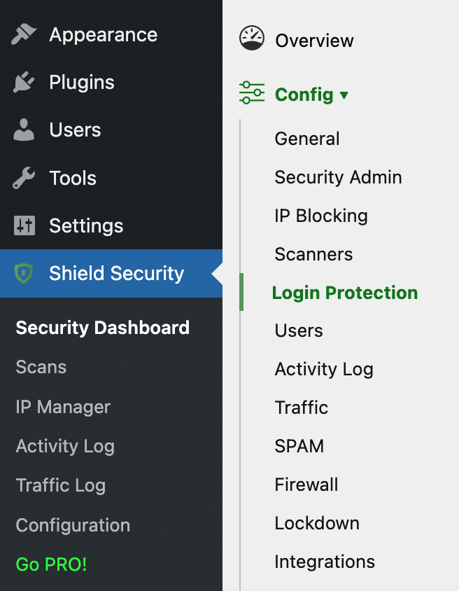 Image shows how to navigate Shield Security in WordPress, enabling Login Protection, which is a key step for 2FA setup