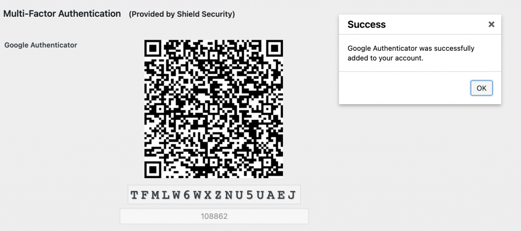 Image shows that Google Authenticator was successfully added to your WordPress account