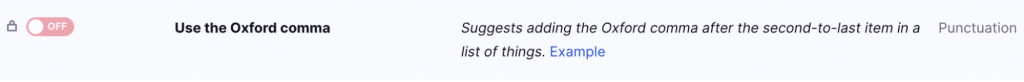 Image of Grammarly writing assistant, where you can customize your settings to receive suggestions of where to add the Oxford comma