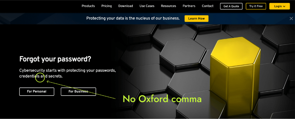 Image of Keeper Security's website shows that the company doesn't use the Oxford comma in its content 