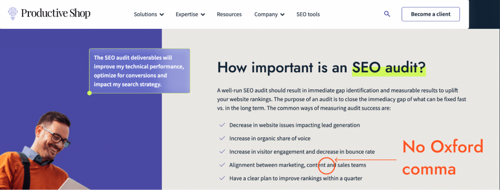 An image of the Productive Shop website showing that this top B2B SEO agency doesn't use the Oxford comma in its copy.