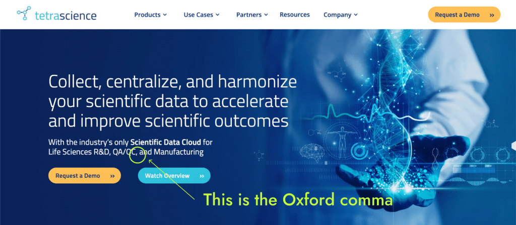 Example of the use of Oxford comma on TetraScience's website