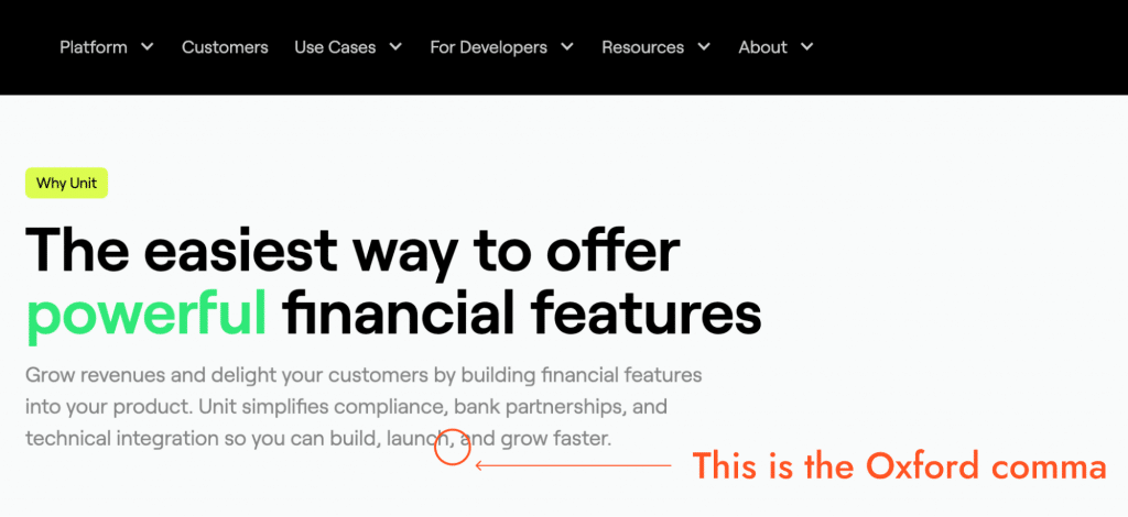 Example of the use of Oxford comma on Unit, a B2B brand in the fintech market