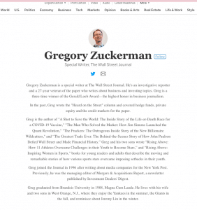 Author page example of special writer Gregory Zuckerman from Wall Street Journal 