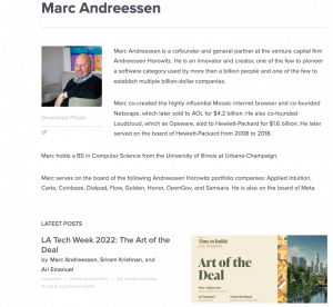 Great author page example of Marc Andreessen from Andreessen Horowitz showing a headshot, descriptive text and latest posts from the writer