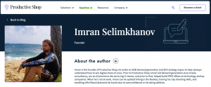 Author page example showing bio of Imran Selimkhanov, the founder of Productive Shop