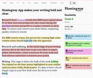 Copy editing tool, Hemingway Editor highlighting overall text score, use of passive voice and hard-to-read sentences.