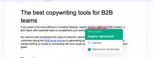 Content editor Grammarly makes a hyphenation suggestion in a sample draft document on copywriting tools for B2B teams