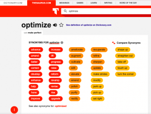 Word replacement tool Thesaurus providing synonyms for the word “optimize.”