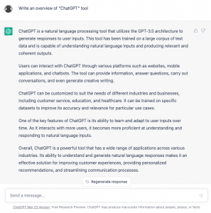 Copywriting tool ChatGPT displaying results on question “Write an overview on ChatGPT tool”