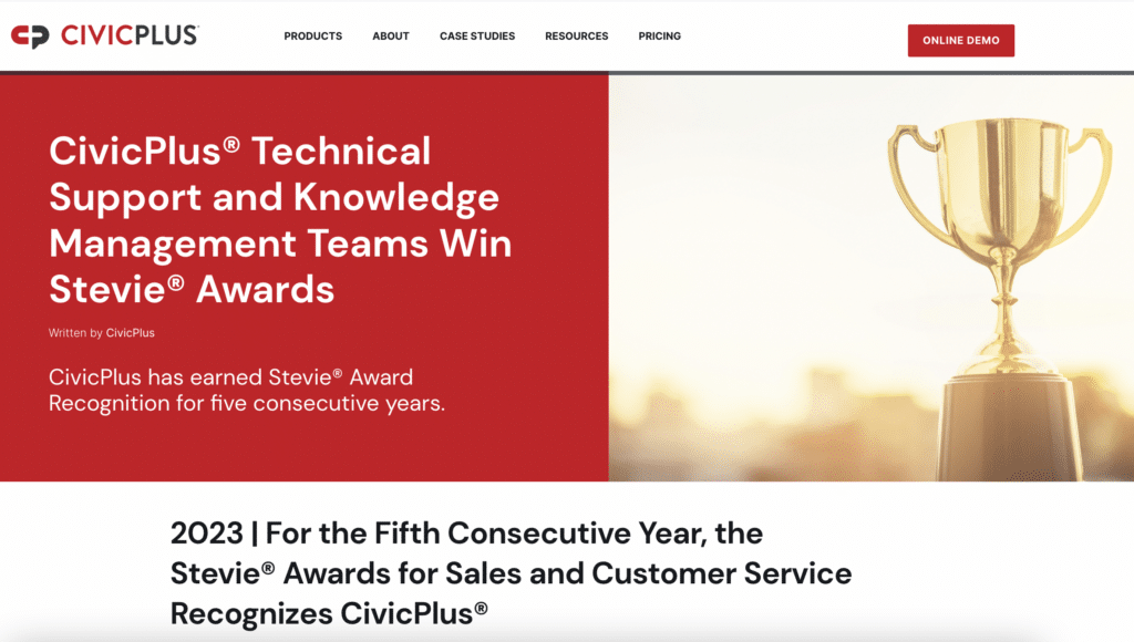 CivicPlus announcement that they won the Stevie Awards for Sales and Customer Service — a type of recognition that helps to improve brand perception