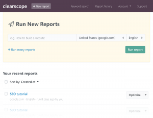 Overview of Clearscope dashboard with a focus on report generation.