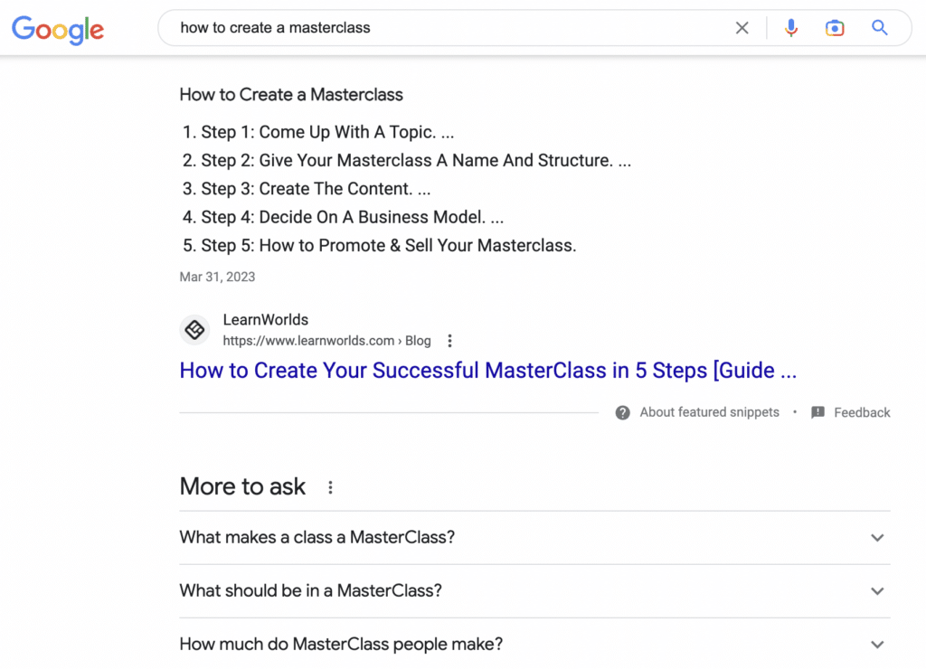 example of a rich snippet on SERP to make the point that SEO builds thought leadership, improves visibility and positively impacts brand perception in business