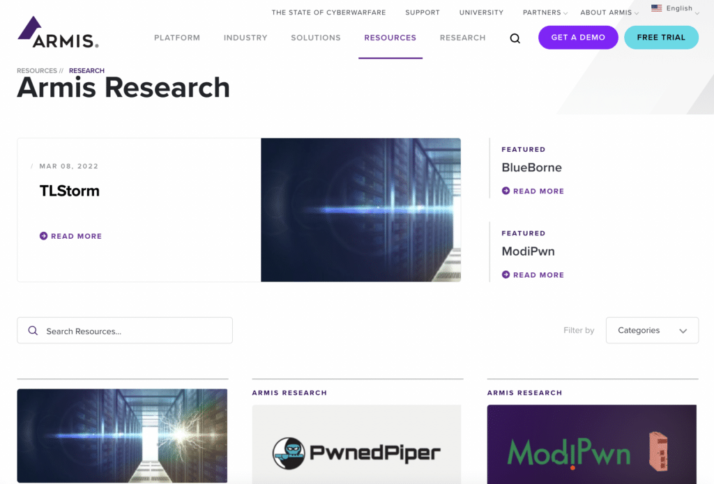 Armis Research page features the company's research on cybersecurity vulnerabilities as an indication of thought leadership