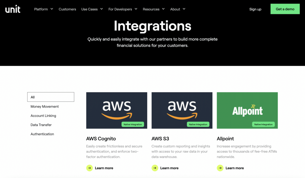 Unit's integrations page shows partnerships with other solutions — often a selling point to B2B technology buyers