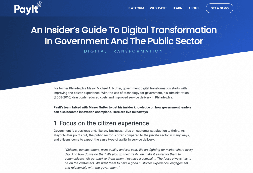 A screenshot of a blog post on digital transformation in government features an SME interview with former Philadelphia Mayor Michael Nutter