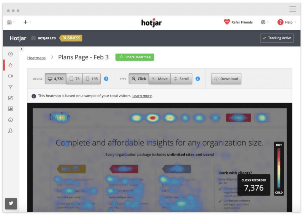 A Hotjar preview showcases recorded heatmaps and user clicks on a webpage