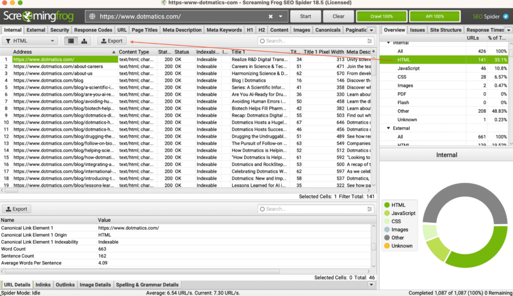 A screenshot of Screaming Frog shows how to export all internal html pages to perform a content audit