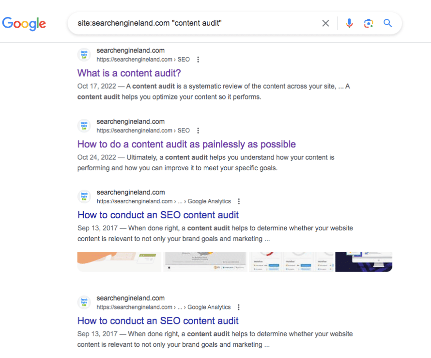 Google search operator for content audit showing results