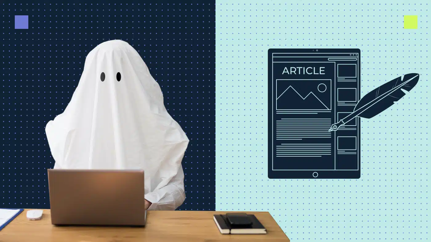 thumbnail for a blog post on ghost writing services shows a ghost typing on a computer