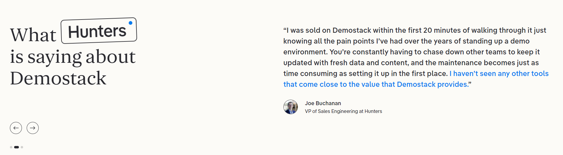 Screenshot of Demostack customer testimonial.