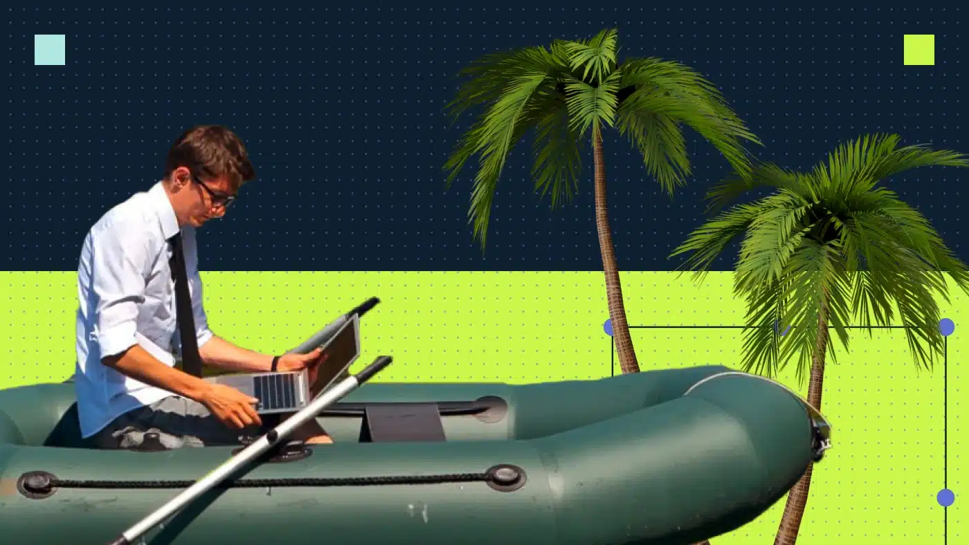 thumbnail for a blog post on company retreats shows a man in a boat with a laptop