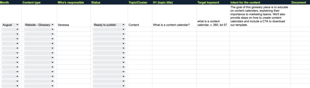 Example of a content calendar