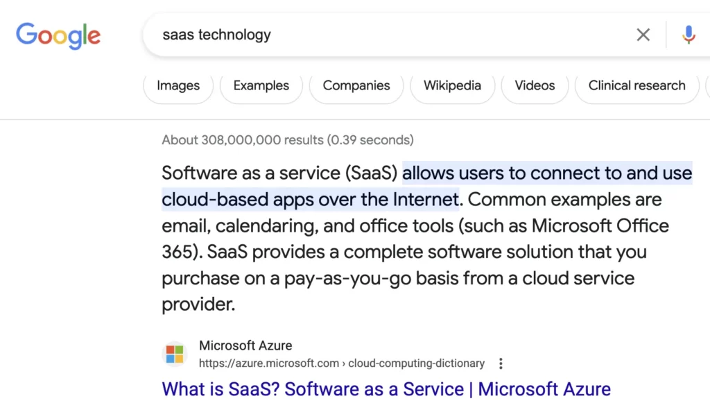 Screenshot of Google search engine results depicting the organic search result for industry-specific keyword “saas technology”