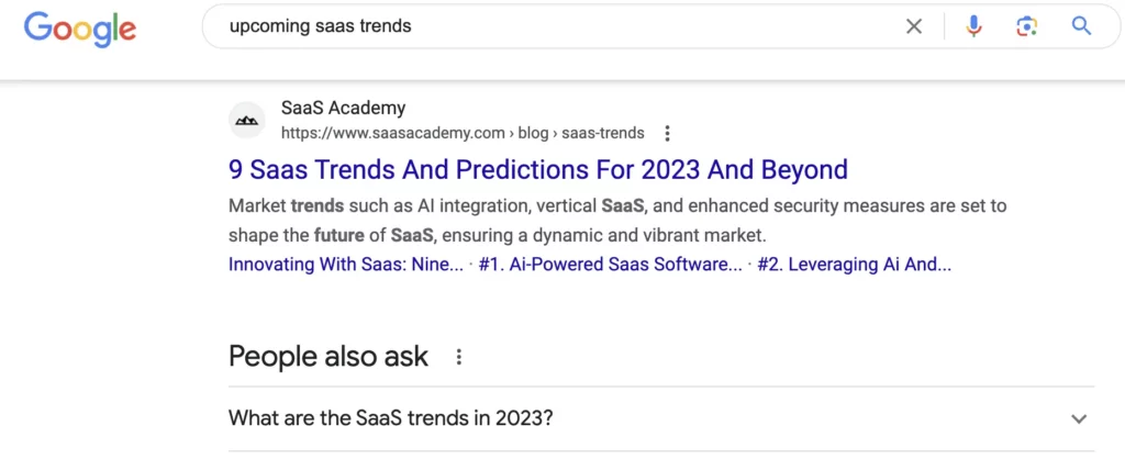 Screenshot of Google search page depicting the organic search result for time related keyword “upcoming saas trends”