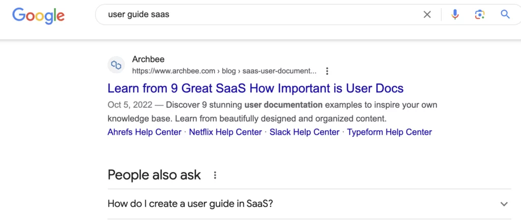 Screenshot of Google search engine results depicting the organic search result for content type keyword “user guide saas”