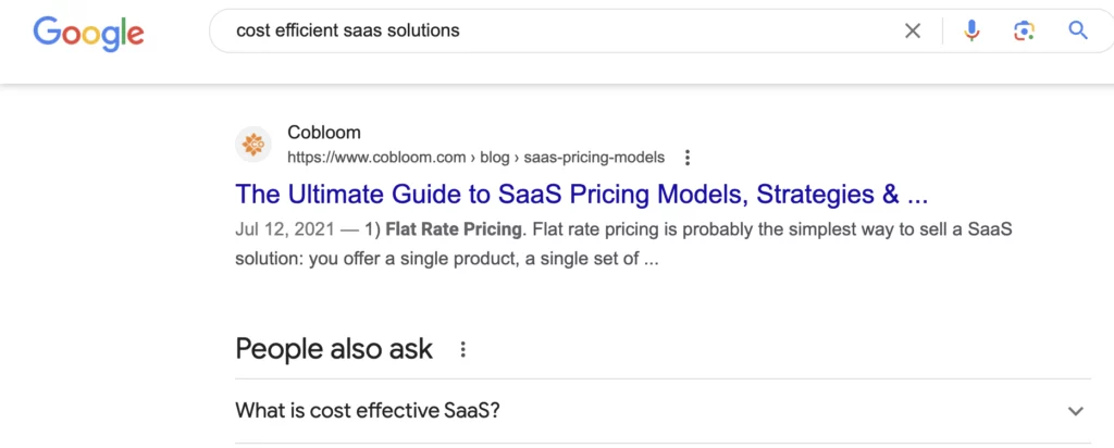 Screenshot depicting the organic search for solution based keyword “cost-efficient saas solutions” on google’s search results