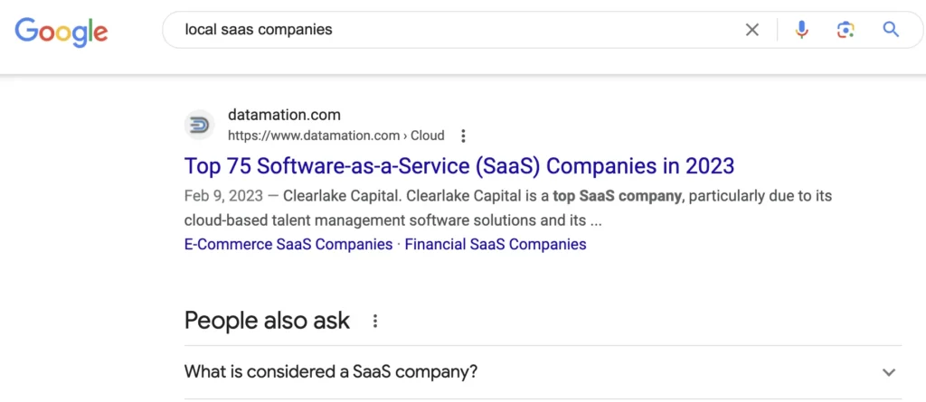 Screenshot of Google search results depicting the organic search result for location-based keyword “local saas companies”