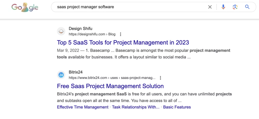 Screenshot of Google search results depicting the organic search result for job title based keyword “saas project manager software” 