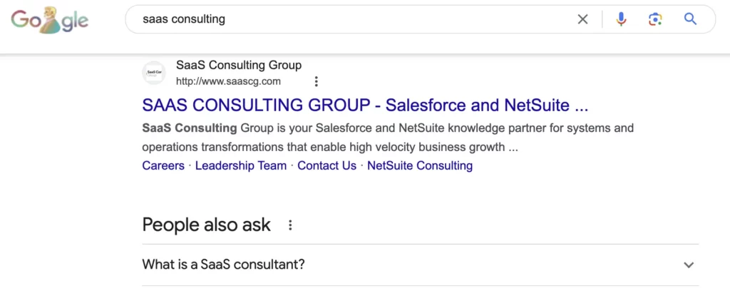 Screenshot of Google SERP depicting the search result for product based keyword “saas consulting”